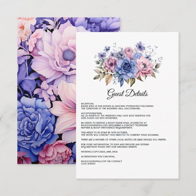 Petal Pink, Cornflower Blue & Mauve Guest Details Enclosure Card (Front/Back)