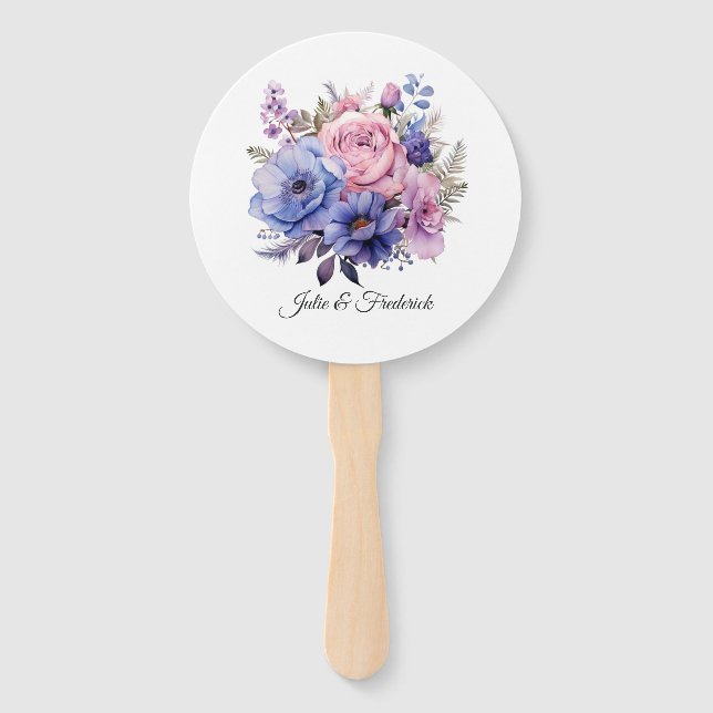 Petal Pink, Cornflower Blue & Mauve Purple Wedding Hand Fan (Front)
