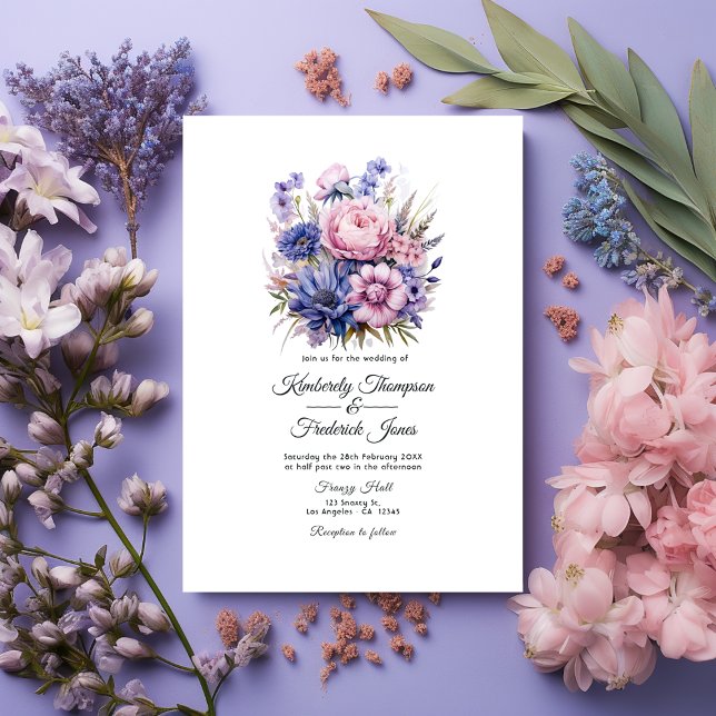 Petal Pink, Cornflower Blue & Mauve Purple Wedding Invitation (Petal Pink, Cornflower Blue and Mauve Purple floral wedding)