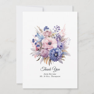 Petal Pink, Cornflower Blue & Mauve Purple Wedding Thank You Card
