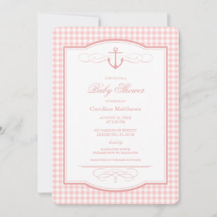 Petal Pink Gingham Preppy Coastal Baby Shower Invitation