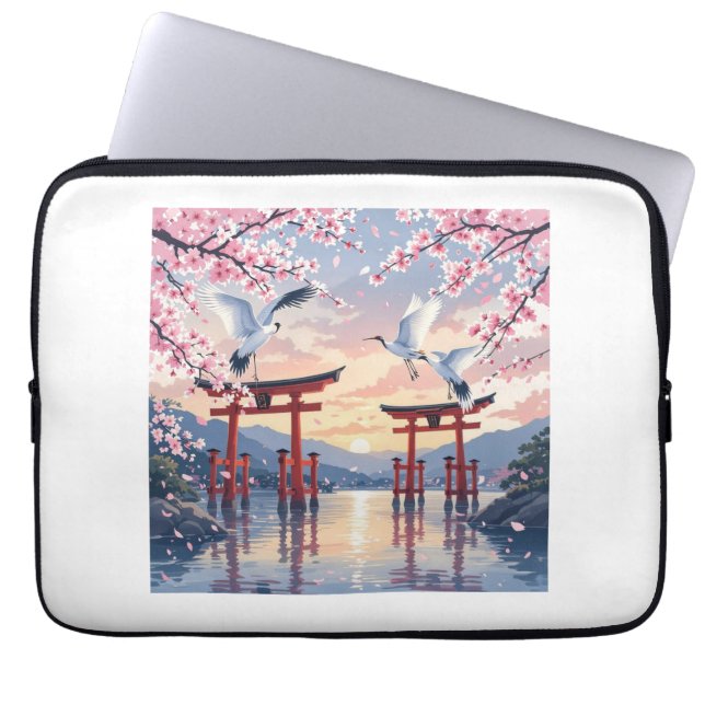 Petal Reverie—A Crane’s Serenade at Sundown Laptop Sleeve (Front)