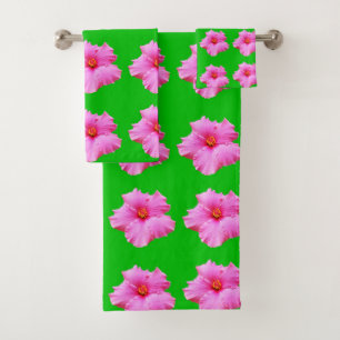 "Petal Serenity: Pink Hibiscus on a Green Canvas Bath Towel Set