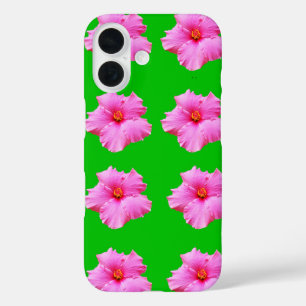"Petal Serenity: Pink Hibiscus on a Green Canvas iPhone 16 Case
