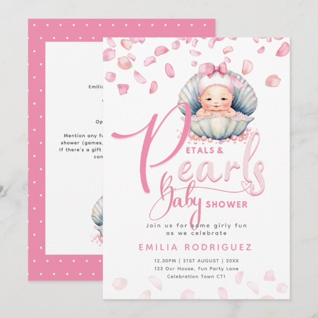 Petals and Pearls Pink Baby Girl Shower Invitation (Front/Back)