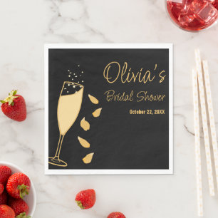 Petals and Prosecco Black Bridal Shower Napkins