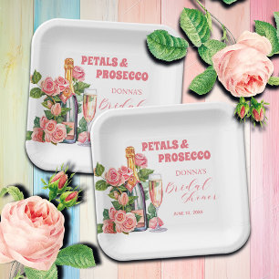 Petals and Prosecco Bottle and Roses Bridal Shower Paper Plate