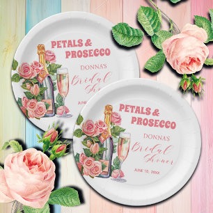 Petals and Prosecco Bottle and Roses Bridal Shower Paper Plate