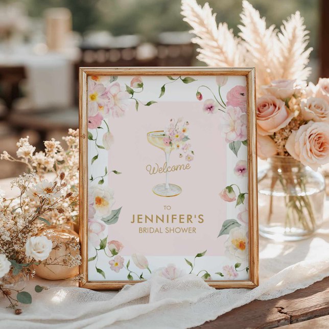 Petals and Prosecco Bridal Shower Welcome Poster (Pink Petals and Prosecco Welcome Poster)
