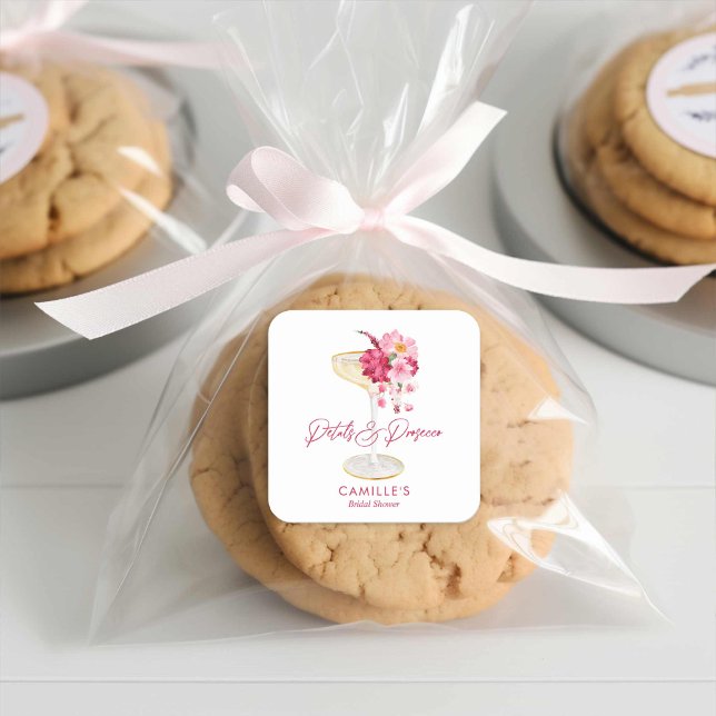 Petals and Prosecco Floral Bridal Shower Favour Square Sticker (Champagne Pink Floral Bridal Shower Favor Stickers)