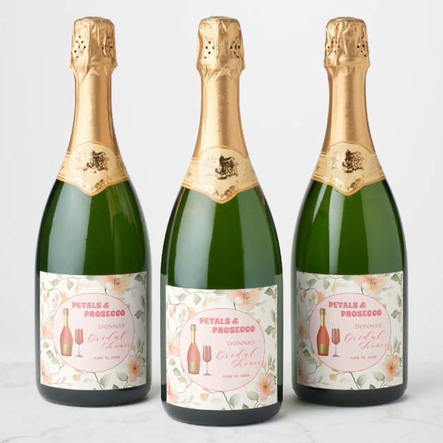 Petals and Prosecco Gold Floral Bridal Shower Sparkling Wine Label (Bottles)