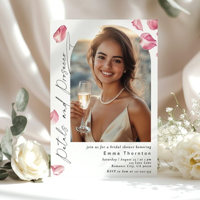 Petals and Prosecco minimalist Photo Bridal shower Invitation (Creator Uploaded)