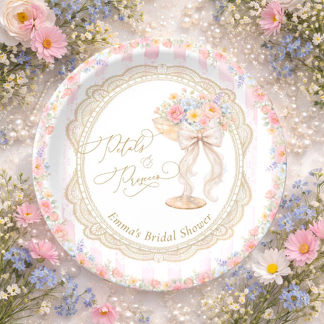 Petals and Prosecco Pink and Gold Bridal Shower Paper Plate (Creator Uploaded)