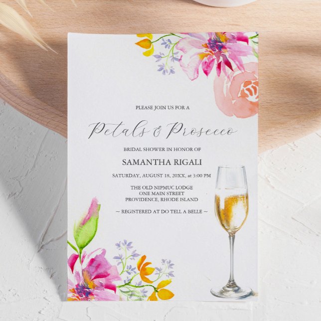 Petals and Prosecco Pink Bridal Shower Invitations (bridal shower invitations pink floral watercolor art petals and Prosecco by Victoria Grigaliunas)