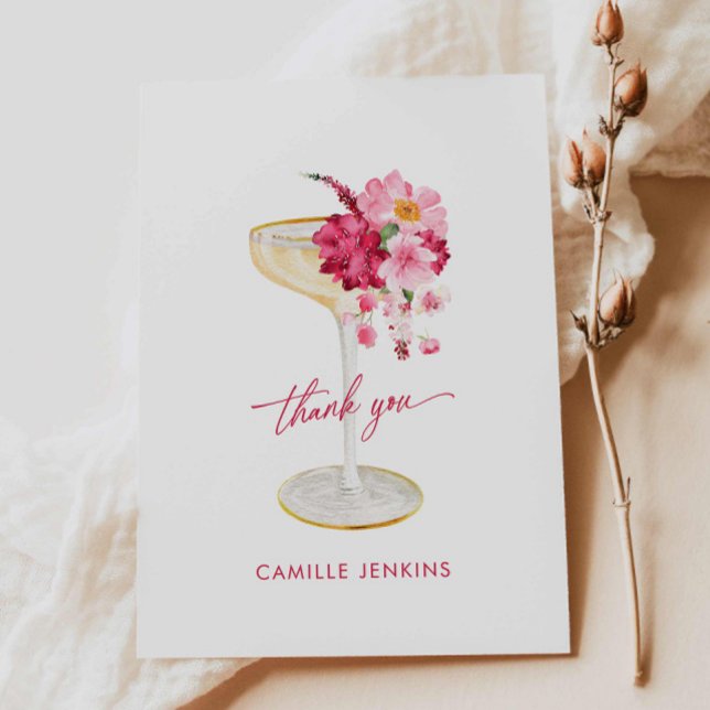 Petals and Prosecco Pink Bridal Shower Thank You Card (Petals and Prosecco Bridal Shower Pink floral thank you card)