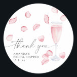 Petals and Prosecco - thank you bridal shower Classic Round Sticker<br><div class="desc">Watercolor elegant rose petals with glass of champagne and text "Petals and Prosecco".</div>
