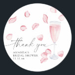 Petals and Prosecco - thank you bridal shower Classic Round Sticker<br><div class="desc">Watercolor elegant rose petals with glass of champagne and text "Petals and Prosecco".</div>