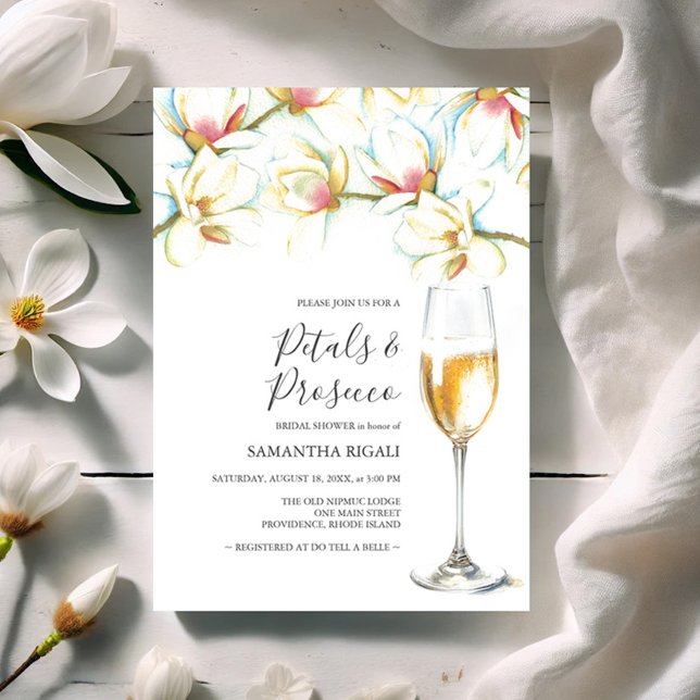 Petals and Prosecco White Floral Bridal Shower (Bridal shower invitations watercolor white magnolia flowers by Victoria Grigaliunas Do Tell A Belle)