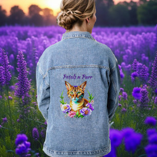 Petals and Purr Cute Cat and Pretty Flowers Denim Jacket