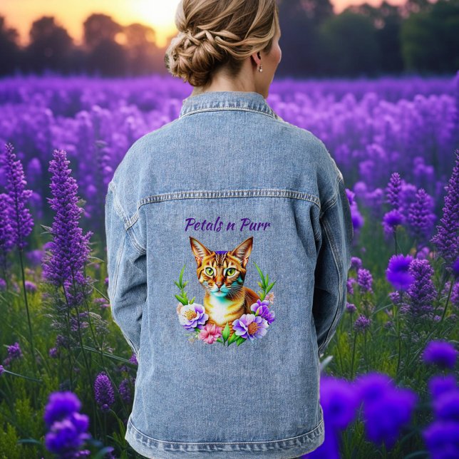 Petals and Purr Cute Cat and Pretty Flowers Denim Jacket (Creator Uploaded)