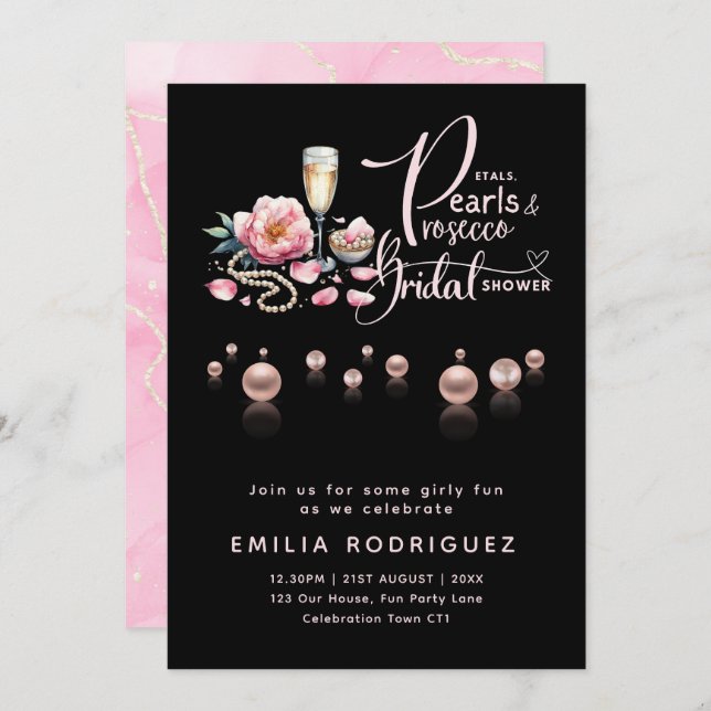 Petals Pearls Prosecco Bridal Shower Invitation (Front/Back)