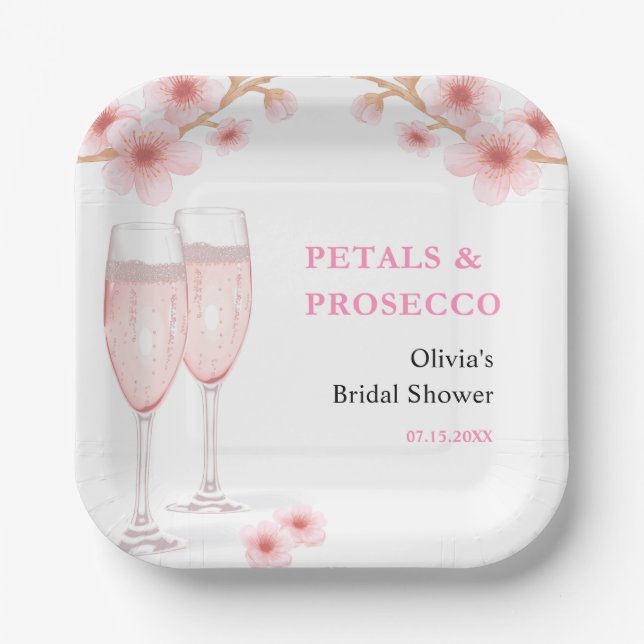 Petals & Prosecco Blush Pink Floral Bridal Shower Paper Plate (Front)