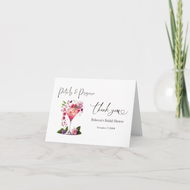 Petals & Prosecco Blush Pink Floral Bridal Shower Thank You Card (Front)