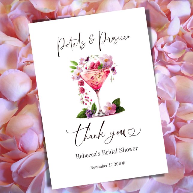 Petals & Prosecco Blush Pink Floral Bridal Shower Thank You Card (Creator Uploaded)