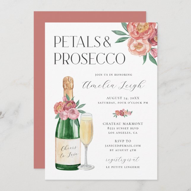 Petals & Prosecco Blush Pink Floral Invitation (Front/Back)