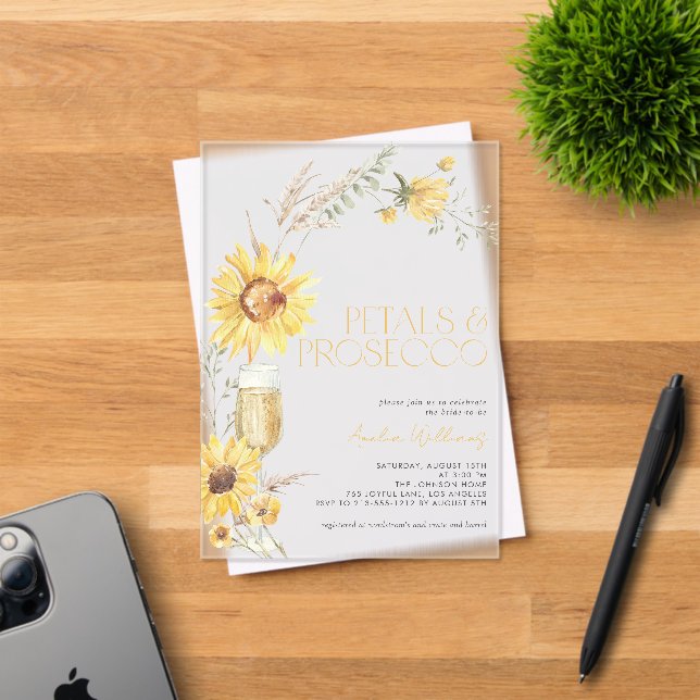 Petals & Prosecco Boho Sunflower Bridal Shower Acrylic Invitations (Insitu (Invitation Card))
