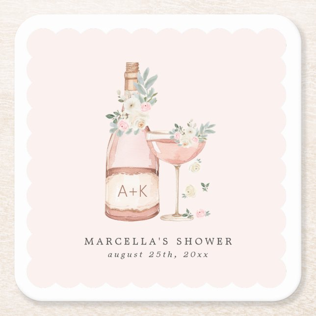 Petals & Prosecco Bridal Shower Bachelorette Square Paper Coaster (Front)