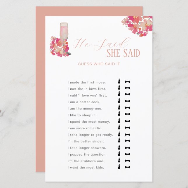 Petals & Prosecco Bridal Shower He Said She Said  (Front/Back)