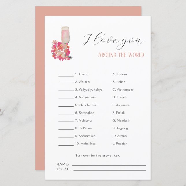 Petals & Prosecco Bridal Shower I love you Game (Front/Back)