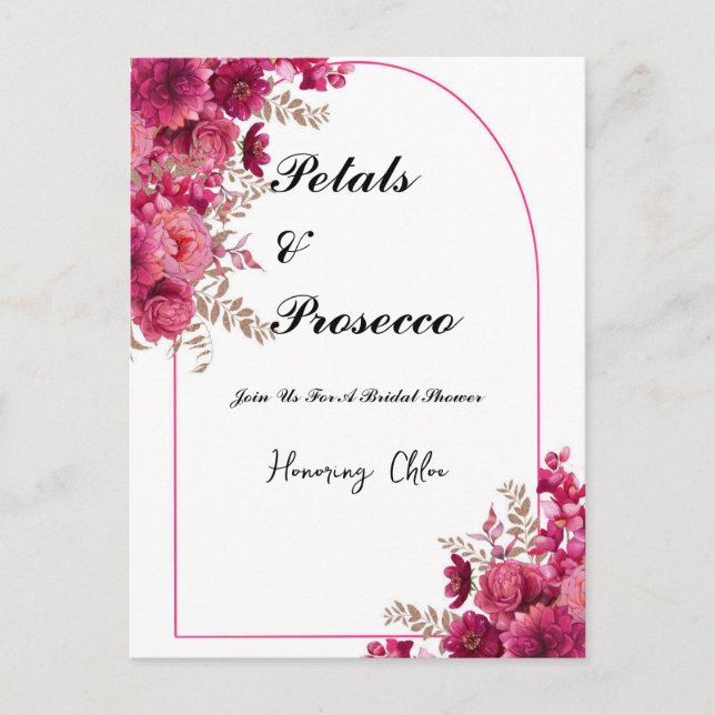 PETALS & PROSECCO BRIDAL SHOWER INVITATION, PINK POSTCARD (Front)