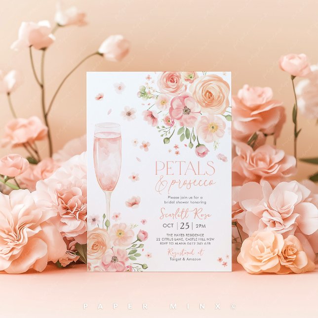 Petals Prosecco Bridal Shower Love In Bloom Peach Invitation (Petals & Prosecco Floral Bridal Shower Invitation)