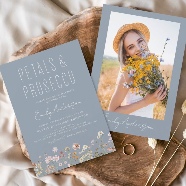 Petals & Prosecco Dusty Blue Wildflower Photo Invitation (Creator Uploaded)