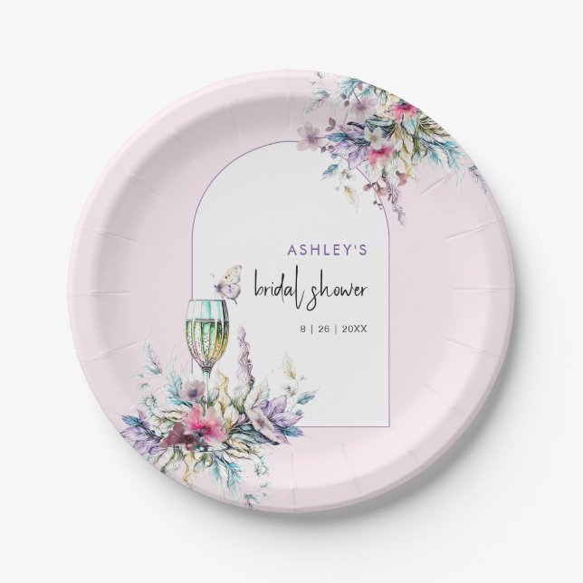 Petals & Prosecco Floral Arch Bridal Shower Paper Plate (Front)