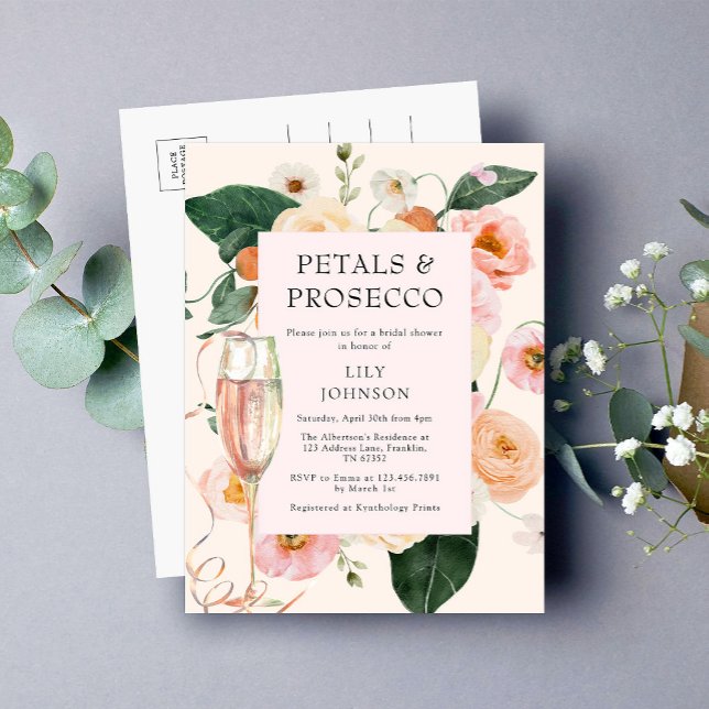 Petals & Prosecco Floral Bridal Shower Invitation Postcard (Creator Uploaded)