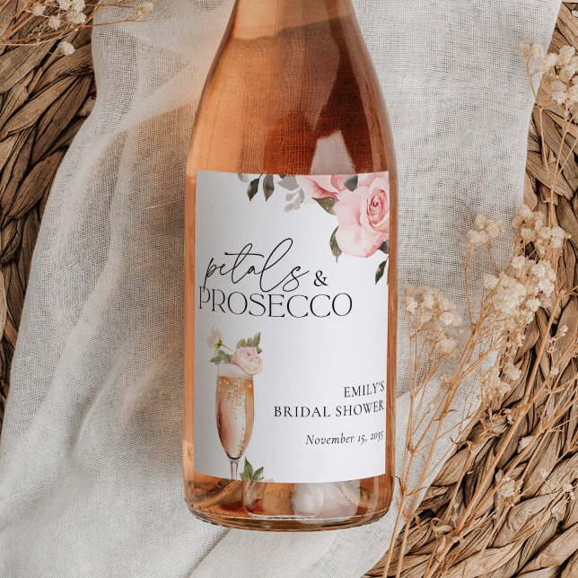 Petals & Prosecco Floral Bridal Shower Wine Label (Creator Uploaded)