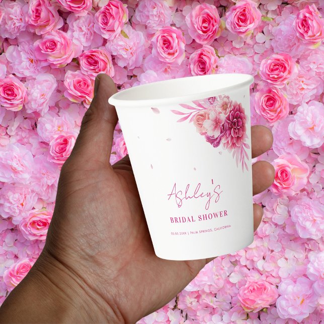 Petals & Prosecco Hot Pink Floral Bridal Shower Paper Cups (Creator Uploaded)