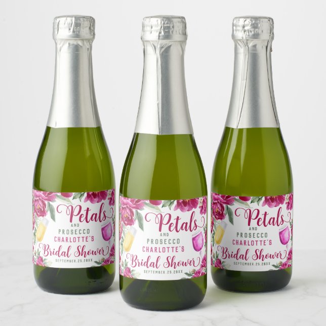 Petals & Prosecco Hot Pink Floral Bridal Shower Sparkling Wine Label (Bottles)