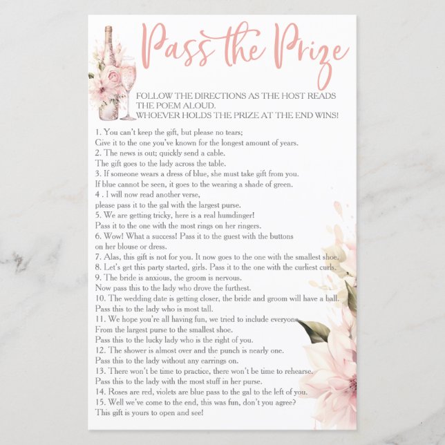 Petals Prosecco Pass the Prize Bridal Shower Game (Front)