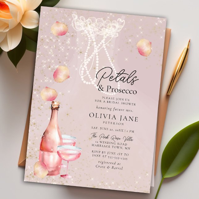 Petals Prosecco Pearls Pink Gold Bridal Shower Invitation (Creator Uploaded)