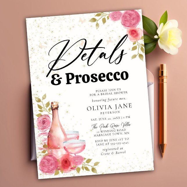 Petals Prosecco Pink Floral Gold Bridal Shower Invitation (Creator Uploaded)