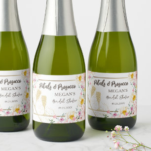 Petals & Prosecco   Pink Floral Gold Bridal Shower Sparkling Wine Label
