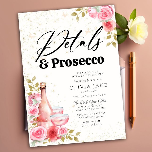 Petals Prosecco Pink Roses Gold Bridal Shower Invitation (Creator Uploaded)