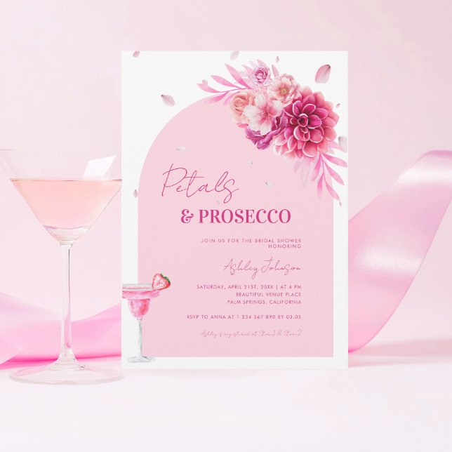 Petals & Prosecco Pink Script Floral Bridal Shower Invitation (Creator Uploaded)