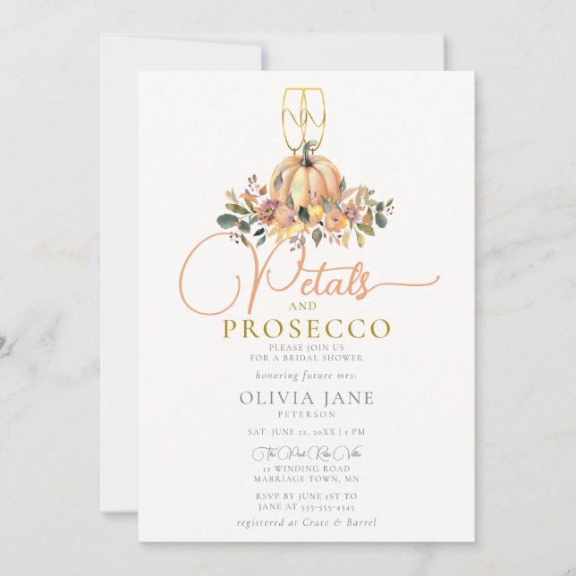 Petals Prosecco Pumpkin Flowers Fall Bridal Shower Invitation (Front)