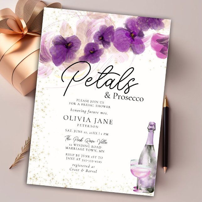 Petals Prosecco Purple Orchid Floral Bridal Shower Invitation (Creator Uploaded)