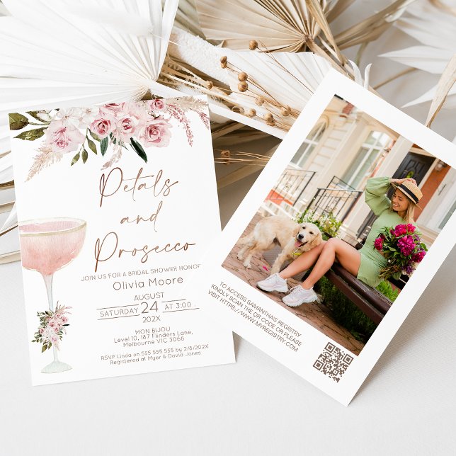 Petals Prosecco QR Code Boho Floral Bridal Shower Invitation (Bohemian petals and prosecco bridal shower invitation with champagne glass, QR code and photo.)